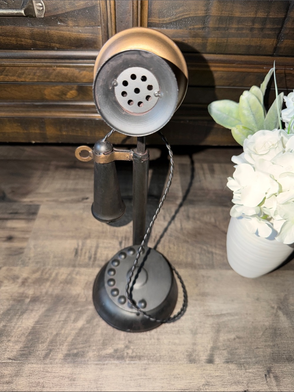 Vintage-Style Black and Gold Candlestick Telephone Decor